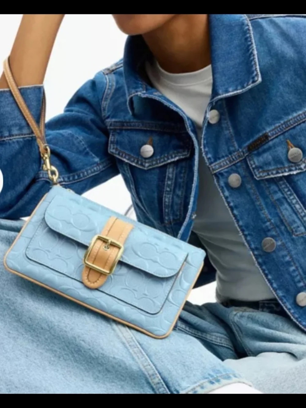 Coach Sky Blue Signature Wristlet with Tan Trim